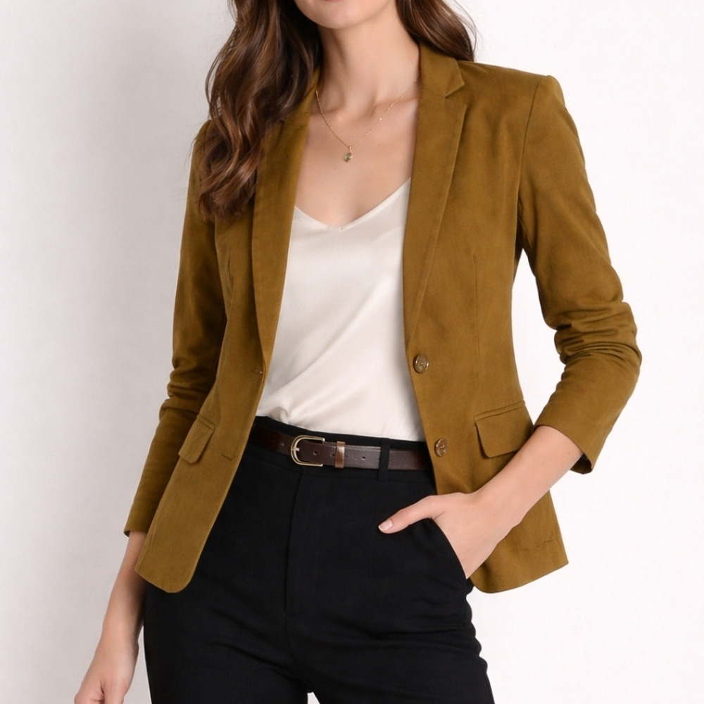 Nwt, Tandem Stretch Mustard Wool Viscose Fitted Single-Breasted Blazer Size M